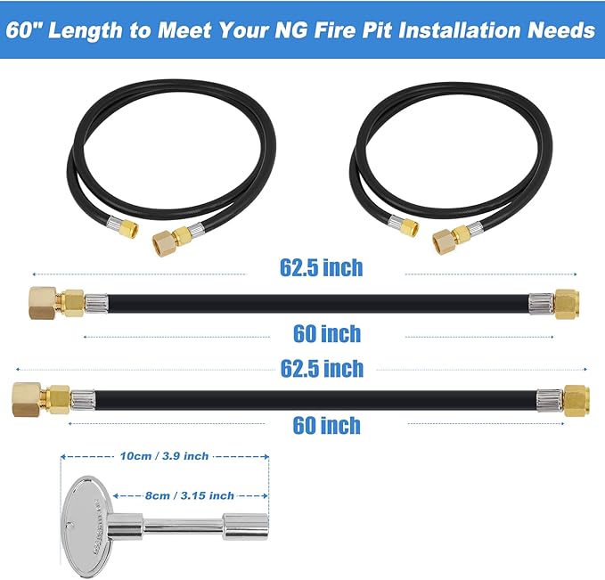 Skyflame Natural Gas Connection Hose, Complete NG Fire Pit Installation Kit from Burner to Natural Gas, Includes 1/2" Control Valve Key Set, 2 PCS 60" Connect Hoses