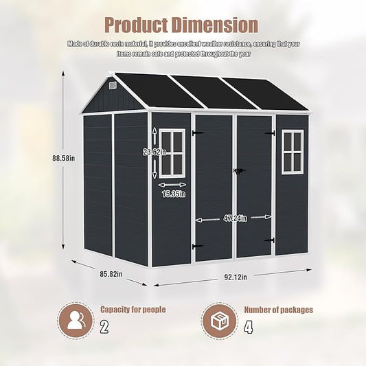 Outdoor Storage Shed 7.5x7 FT, Resin Shed with Floor & Window, Lockable Door, Vents, Outside Sheds & Garden Shed for Patio Furniture, Gardening Tools, Pool Equipment (Dark Gray, 7.5x7ft)