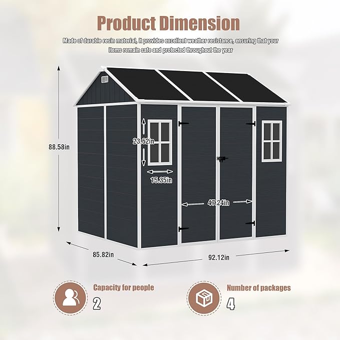 Resin Storage Shed 7.5x7ft, Outdoor Storage Sheds with Floor, Two-Window, Lockable Doors and Vents, 12mm Thick pp Board, Large Tool Shed for Bike, Garden, Backyard, Lawn (Dark Gray, 7.5 * 7ft)