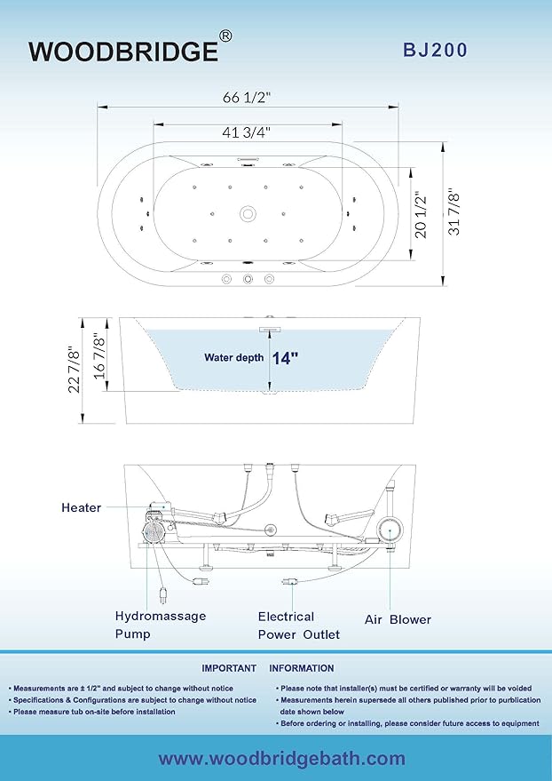 WOODBRIDGE 66-1/2" x 31-7/8" Whirlpool Water Jetted and Air Bubble Freestanding Heated Soaking Combination Bathtub,BJ-200