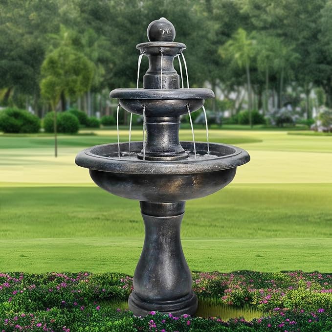 ourrco 45.2” H Outdoor Floor Water Fountain, 3-Tiers Concrete Water Fountain with Submersible Electric Pump - Garden Cascading Waterfall for Yard Patio Lawn Home Decor