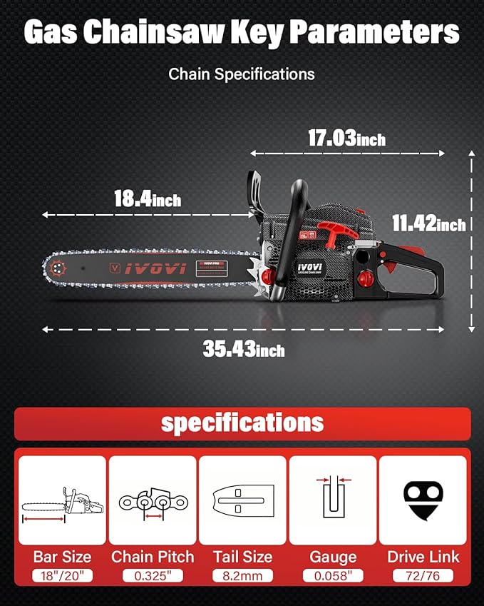 IVOVI 63CC Gas Chainsaw 20 Inch & 18 Inch Bar - 3.7HP 2-Cycle Gas Chain Saw with Easy Start, Anti-Vibration for Forest Logging, Wood, Orchards and Ranches Cutting Use