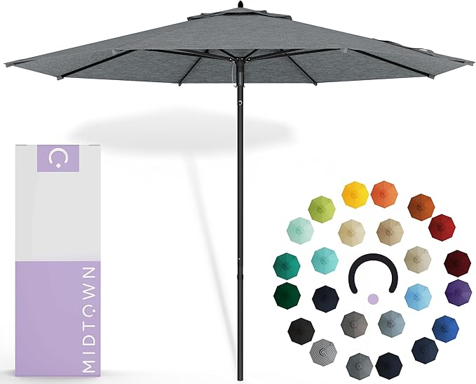 Midtown Umbrellas Push Pop Sunbrella Umbrella 10 Feet Large Outdoor Umbrella With Cast Slate Fabric - Deck Patio Umbrella, Backyard Umbrella, Garden Umbrella & Pool Umbrella - Black Pole