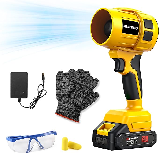 JH Steady 21V Cordless Handheld Leaf Blower- Variable Speed, 30000RPM Powerful Handheld Blower with Rechargeable Battery, Protective Gear for Home, Backyard, Driveway & Snow Removal