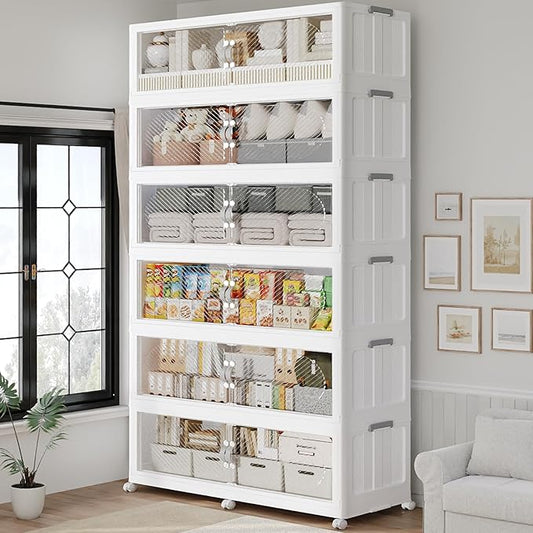 960QT Plastic Stackable Storage Bins with Lid, 240GAL Extra Large Collapsible Box with Wheels Clear Door, Foldable Closet Organizer Container Cabinet Drawer for Home Kitchen，6Pack, White