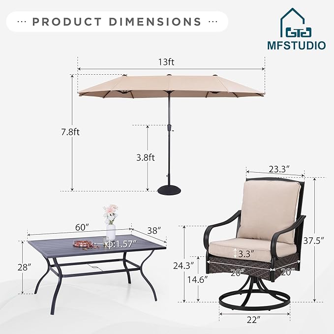 MFSTUDIO Outdoor Dining Sets for 6 with Umbrella, 60'' Metal Dining Table and Swivel Chairs with Umbrella, Large Patio Dining Furniture Set with Swivel Chairs & 13ft Umbrella (Beige)