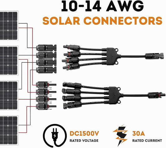 XYRIS Solar Connectors - Y Branch Parallel 1 to 4 Adapter Cable Wire Plug Tool Kit for Solar Panel (M/FFFF+F/MMMM, 1 Pair)