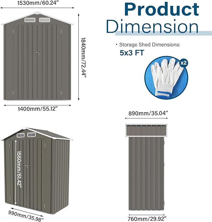 5x3 FT Outdoor Storage Shed, Metal Shed with with Peaked Roof, Lockable Door, All-Weather Lean to Resin Shed for Garden, Backyard, Patio, Lawn (Gray)
