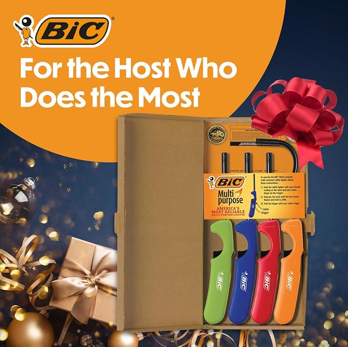 BIC Multi-Purpose Lighters, Long Lighter for Holiday Hosting, Assorted Colors, 4-Pack (Colors May Vary)