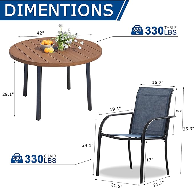 5 Pieces Patio Dining Set for 4, Dark Blue Patio Stackable Chairs and Walnut Round Table Set of 4, Outdoor Furniture Set with Sling Support for Outside, Garden