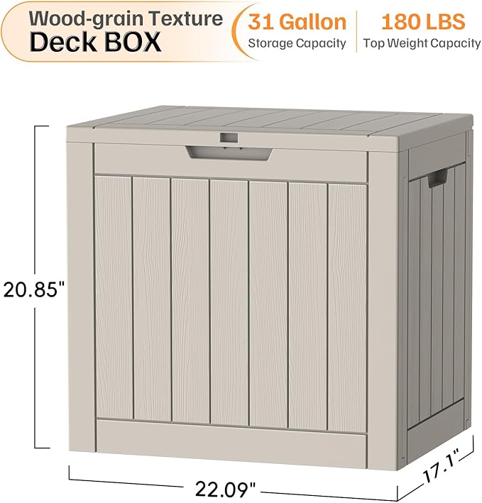 31 Gallon Deck Box, Small Outdoor Storage Box Waterproof, Outside Resin Storage Bin for Outdoor Patio Furniture Pillow, Pool Supply, Garden Tool, UV-Resistant and Weatherproof, Light Brown