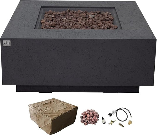 AMS Creations | Brooklyn 40" Square Propane Gas Outdoor Fire Pit Table | Dark Gray Concrete GFRC | Limestone Texture Surface Fire Pit Table