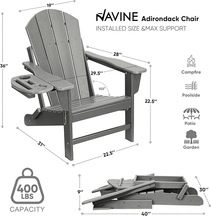 Adirondack Chair Set of 6, HDPE Folding Adirondack Chair with Multifunctional Cup Holder, Weather Resistant Fire Pit Chair for porches, patios, poolsides, Decks.