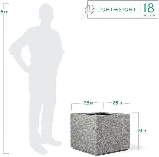 PolyStone Monterray Modern Outdoor/Indoor Square Planter, 23" L x 23" W x 19" H, Lightweight, Heavy Duty, Weather Resistant, Polymer Finish, Commercial Grade and Residential (Gray Granite)