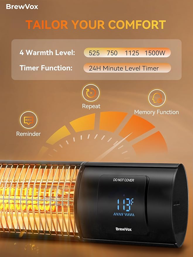 1500W Carbon Infrared Electric Outdoor Patio Heater with Thermostat, Instant Warmth, Smart App-Controlled Scheduling & Remote On/Off, IP65 Weatherproof, 24H Timer for Living Room, Bedroom, Garage