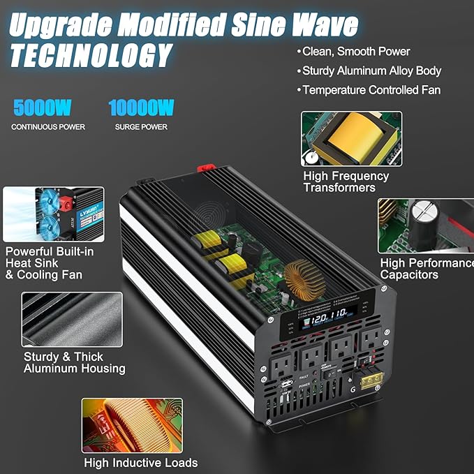 LVYUAN 5000 Watt Power Inverter 12V to 110V 120V for Vehicle, Solar Inverter System, Heavy Duty, RV, Truck, Off Grid,Camping with 4 AC Outlets, LCD Display, Wireless Remote Control, Car Power Inverter