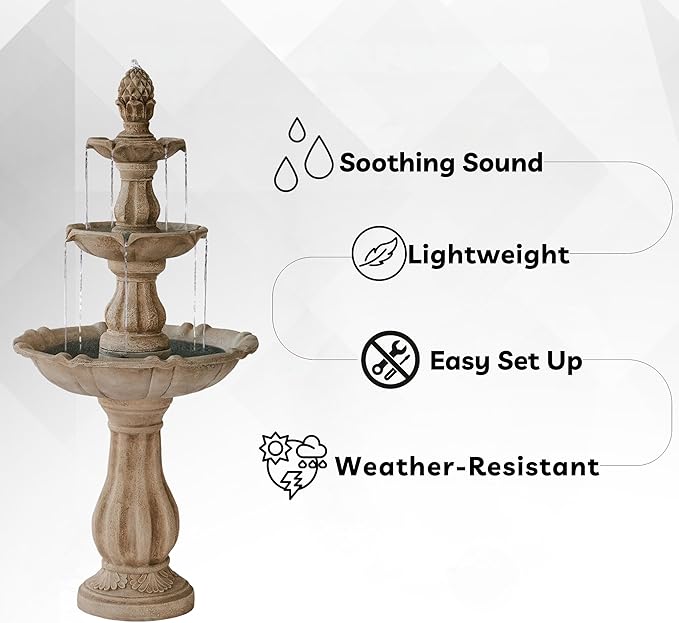 XBrand Outdoor Water Fountain 51 inch 3-Tier Garden Fountain with Pump, Weather Resistant Resin Patio & Yard Waterfall Feature - Beige