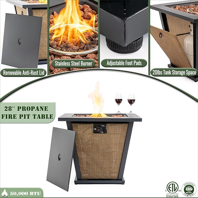 Propane Fire Pit Table, 28" Firepits for Outside, Gas Fire Pit for Outside Patio, Propane Fire Table with Rain Cover for Patio, Deck, 50000BTU, Tank Inside, Tank Not Included, Black+Brown