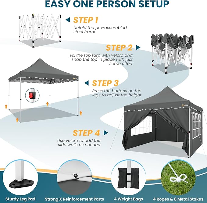 HOTEEL Canopy Tent 10x10 Pop Up Canopy with 4 Removable Sidewalls, Sandbags, Stakes & Ropes, UPF 50+ Easy Setup Canopy Tent Waterproof Outdoor Instant Portable Shelter for Party, Events, Vendor, Gray