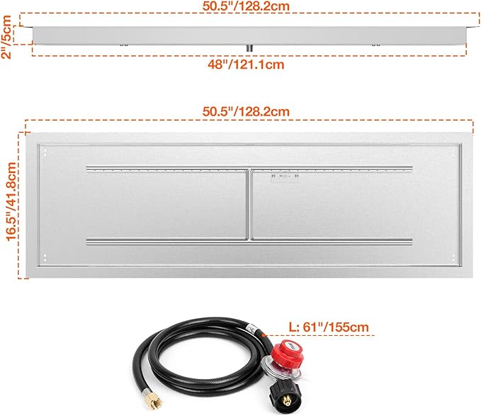 Onlyfire 48 x 14 Inch Drop-in Fire Pit Pan Kit, Rectangular Stainless Steel Propane Gas Firepit Pan Kit with H Burner, Spark Ignition and Propane Hose Kit for Indoor or Outdoor DIY Fire Pit Fireplace