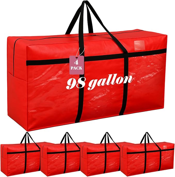 Windyun 4 Pack 98 Gallon Extra Large Storage Bags XXL Moving Bags with Zipper Handles Heavy Duty Jumbo Big Tote Box for Christmas Tree Storage 4, 5, 7.5, 9, 10, 12 ft Skeleton College Dorm(Red)