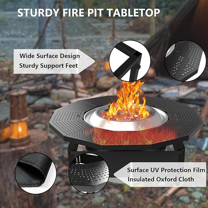 Fire Pit Surround Tabletop for Solo Stove Bonfire Ranger 2.0, with Coated Steel and UV-Resistant Outdoor Fabric, Adjustable Tabletop for Solo Stove Bonfire Accessories, Thick Metal
