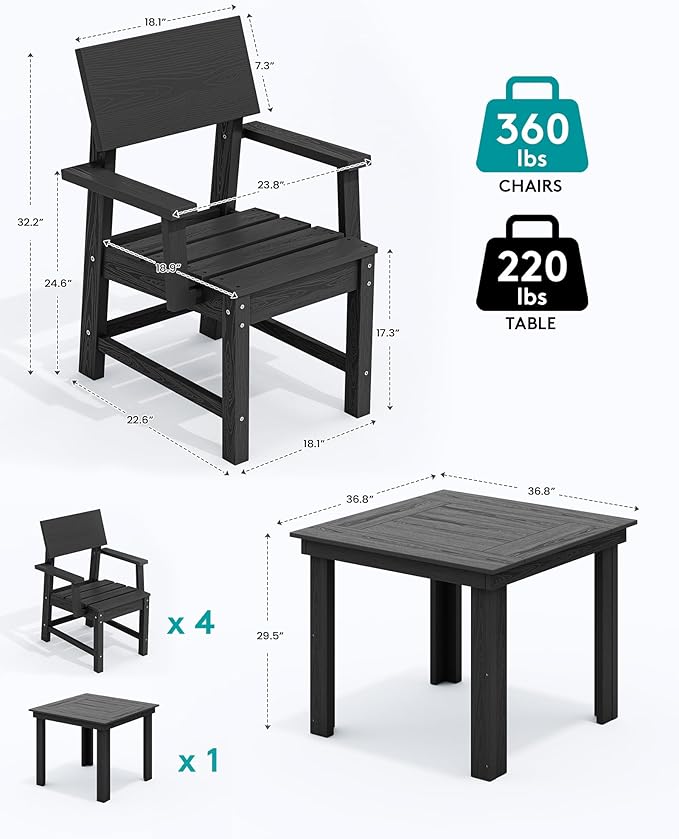 SERWALL HDPE Outdoor Dining Set, Square Table and Chairs Set All Weather Patio Dining Set, 5-Piece Patio Dining Furniture for Deck, Garden, Backyard, Black