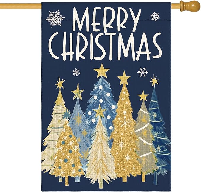 AVOIN colorlife Merry Christmas House Flag 28x40 Inch Double Sided Outside, Christmas Trees Winter Holiday Yard Outdoor Flag Blue
