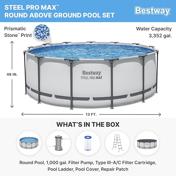 Bestway Steel Pro MAX 13' x 48" Above Ground Pool, Round Metal Frame Outdoor Swimming Pool Set with Filter Pump, Ladder, and Cover, Gray