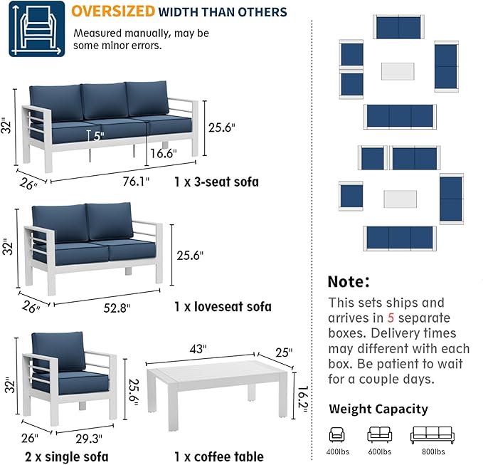 UDPATIO 10 Piece Aluminum Patio Furniture Set, Oversized Modern Outdoor Furniture Set with Olefin Fabric Cushion for Patio Deck Backyard, White/Navy(with Waterproof Covers)