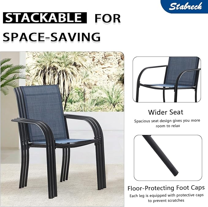 5 Piece Outdoor Dining Set, Patio Table and Chairs Set of 4, 37.5" Black Square Patio Table with 4 Dark Blue Stackable Patio Chairs for Lawn, Garden, Porch