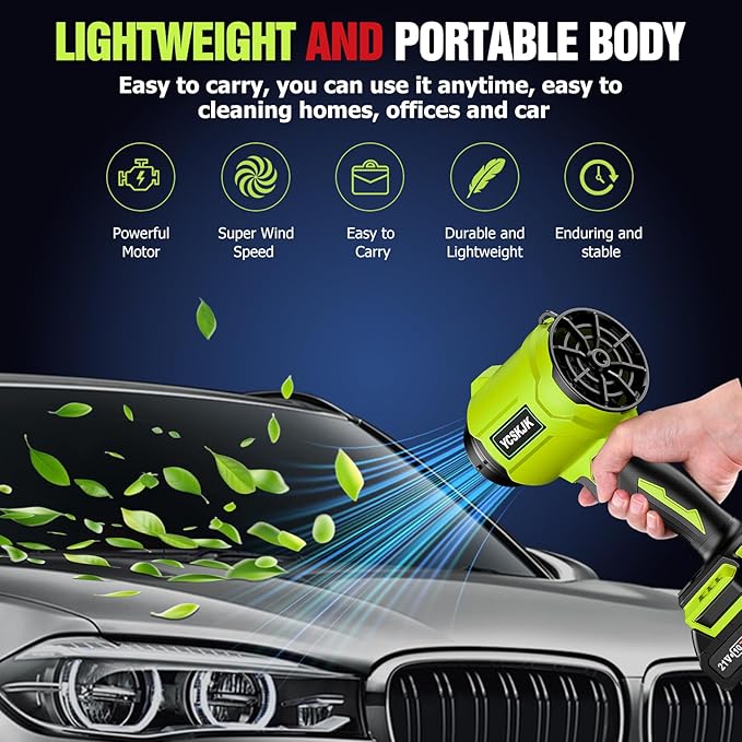 Cordless Leaf Blower, Leaf Blower Cordless with Battery and Charger, Portable Lightweight Handheld Blower, Extended Nozzle, Turbo Jet Blower for Lawn Care, Patio Cleaning, Leaves, Dust (Green)