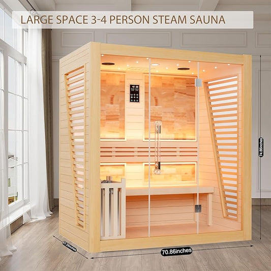 Smartmak Wood Home Steam Sauna, WiFi Control 4 Person Canadian Hemlock Traditional Luxurious Wooden Indoor Spa Room, with 6 kw Heater, Speaker, Rocks, Water Bucket, Spoon, Sky Lights