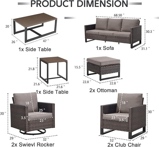 9 Piece Wicker Patio Furniture Set - Outdoor Swivel Rocker Chairs Set with Coffee Table, Rattan Chairs, 3 Seat Sofa & Ottomans, Patio Conversation Sets for Bcakyard Deck - Brown/Grey