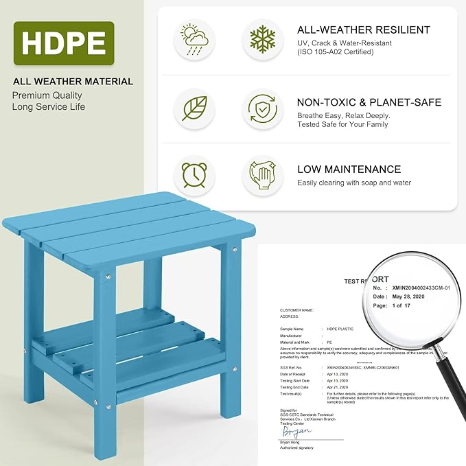 Set of 2 Outdoor Side Table, 2-Tier Small Patio End Table, Weather Resistant HDPE Adirondack Outdoor End Tables for Garden, Lawn, Pool, Beach, Porch, Deck, Backyard - Square, Blue