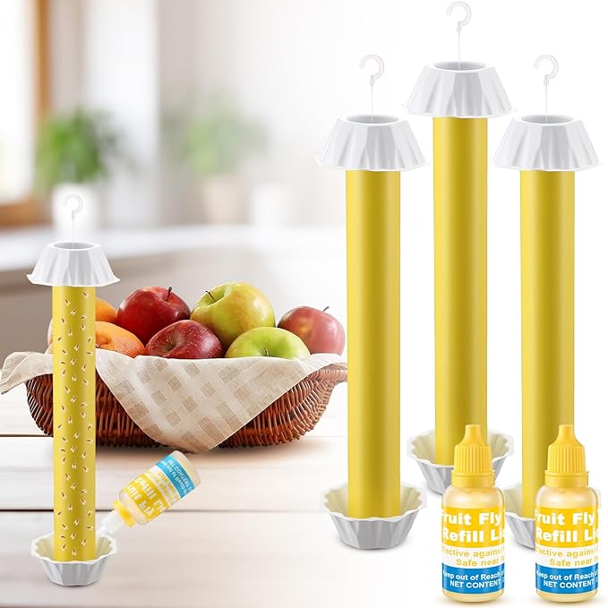Qualirey 3 Pack Fruit Fly Trap Sticks for Indoors & Outdoor, Comes with 2 Pack Fruit Fly Trap Refill Liquid (0.68oz / Bottle), Non Toxic Hanging Sticky Flies Catcher Stick