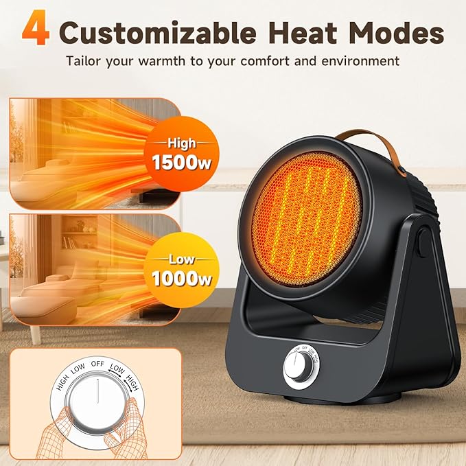 1500W PTC Ceramic Electric Heater, 250Sq.ft 1S Heating, 4 Modes, 100° Vertical & Horizontal 3D Swing Patio Heaters for Outdoor Use, Tip-over&Overheat Safe Space Heaters for Indoor Use Garage