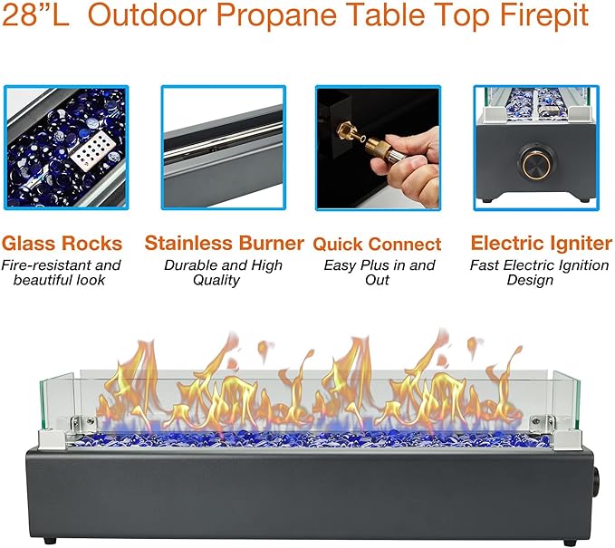 28-inch Table Top Propane Fire Pit, 40,000 BTU Tabletop Firepit for Patio, Outdoor Portable Rectangular Fire Bowl w/Wind Glass Shield, Glass Rocks - Carbon Gray