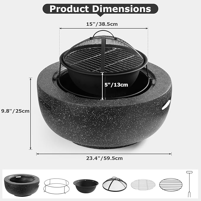 Outdoor Round Fire Pit 23.5” Faux Concrete Burning Firepit Portable Charcoal Grill for Patio Garden Backyard Barbecue, with Spark Screen, Firebowl, Poker, Stainless Steel Rack