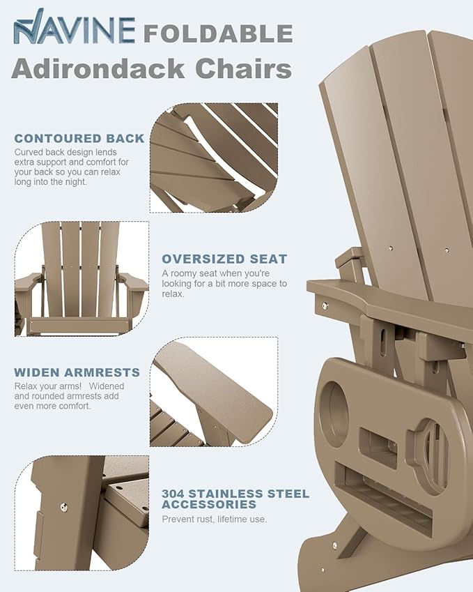 Adirondack Chair Set of 2, HDPE Folding Adirondack Chair with Multifunctional Cup Holder, Weather Resistant Fire Pit Chair for porches, patios, patios, poolsides, Decks.