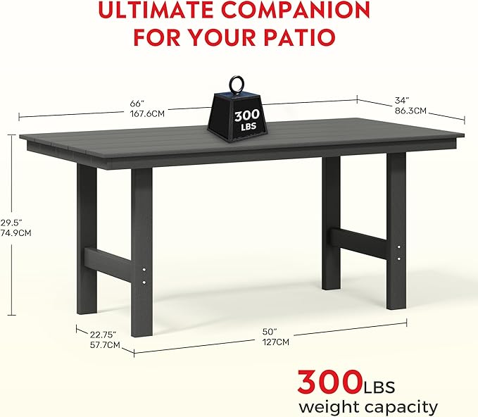 Costaelm Outdoor Patio Table, Outdoor Dining Table for 6, Weather Resistant Rectangle Patio Table with Umbrella Hole for Outside, Garden, Poolside, Porch, Gray