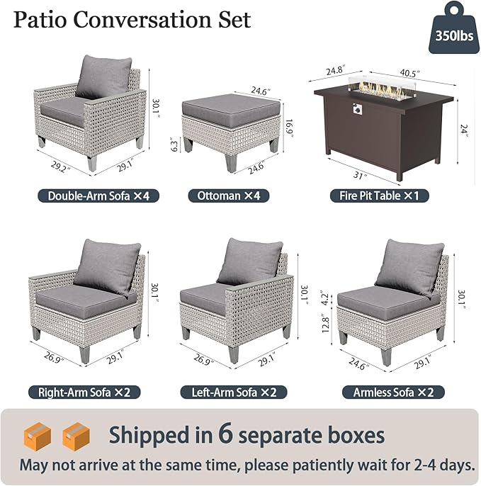 Outdoor Patio Furniture Set with Fire Pit Table 15-Piece Modular Wicker Sectional Sofa with Ottomans and Thick Cushions, Modern Rattan Outdoor Conversation Couch, Grey