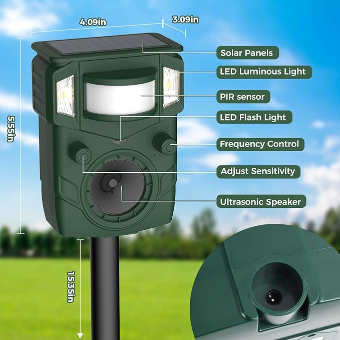 2025 Upgraded Solar Ultrasonic Animal Repellent Outdoor - Motion Activated Deer, Squirrel, Cat,Raccoon, Dog & Bird Deterrent with Multi-Frequency LED Strobe & Ultrasonic Sweep for Garden, Yard