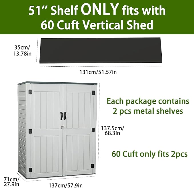 Vertical Resin Storage Shed with 2 Shelves, 60 Cuft Garden Tool Sheds & Outdoor Storage, Plastic Outdoor Storage Cabinet Waterproof, 4.5 x 2.3 ft Backyard Outside Lawn Mower Storage Shed, White