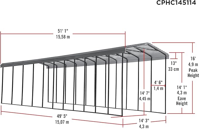 Arrow Carports Galvanized Steel Carport, RV Metal Carport Kit, 14' x 51' x 14', Charcoal