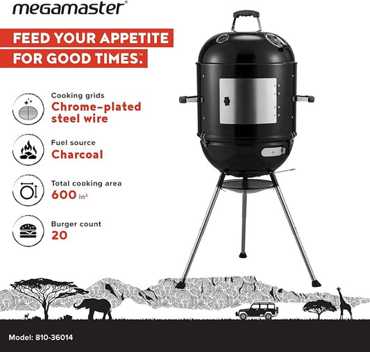 Megamaster Vertical 18 Inch Charcoal BBQ Smoker, 4-in-1 Portable Outdoor Grill with Adjustable Air Vent, 600 SQ. In Cooking Area, Built-in Temperature Gauge, BBQ Grill for Camping, Picnics - 810-36014