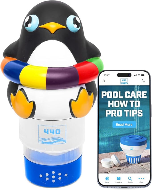 440 Pool Chlorine Floater Dispenser, Fits Up to 3 Pieces of 3-Inch Chlorine Tabs, Adjustable Flow, Control, Heavy-Duty Plastic - Suitable for Small & Large Pools - 8 Ounces | Cartoon Penguin