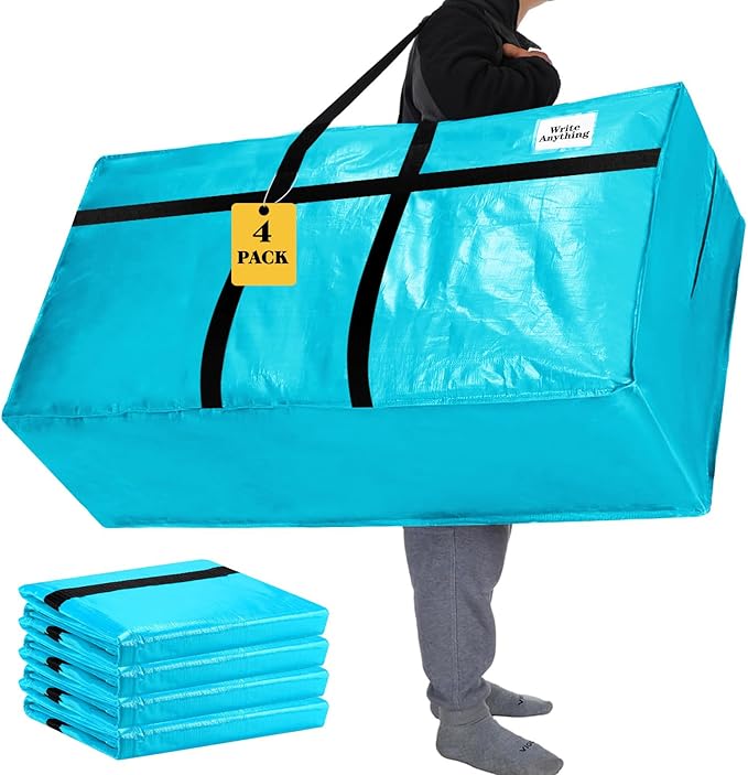 Windyun 4 Pack 69 Gallon Extra Large Storage Bags XXL Moving Bags with Zipper Handles Heavy Duty Jumbo Big Tote Box for Christmas Tree Storage 4, 5, 7.5, 9, 10, 12 ft Skeleton College Dorm(Lake Blue)