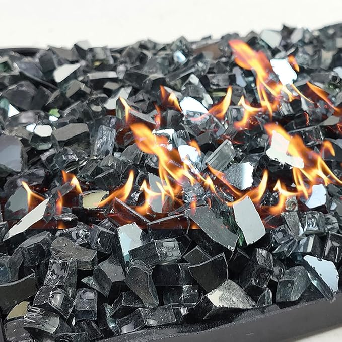 Fire Glass for Propane Fire Pit, 1/4 Inch High Reflective Fireplace Glass Rocks for Fire Pit Table, 20 lbs Fire Pit Glass Rocks for Outdoor Fire Table and Landscaping, Black Reflective
