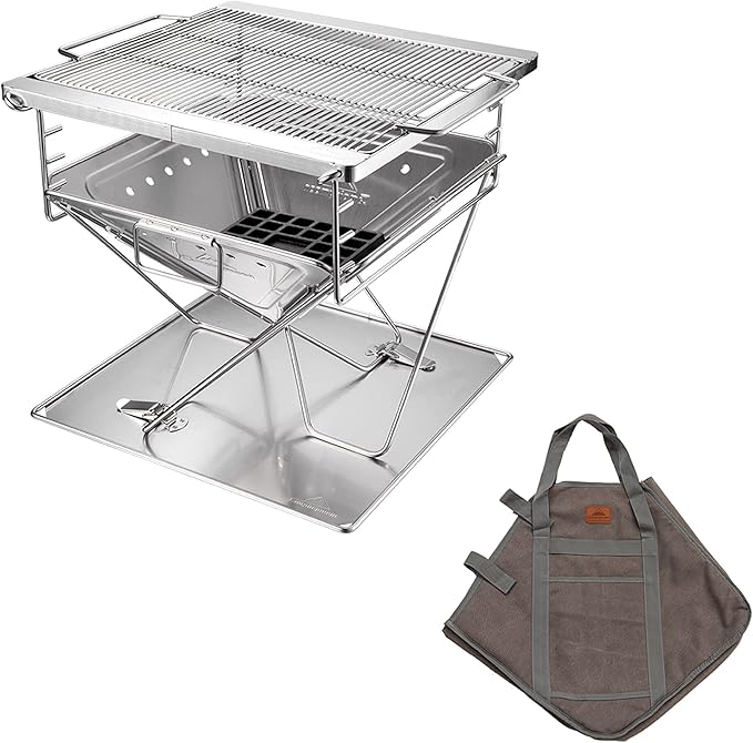 CAMPINGMOON 3-in-1 Portable Stainless Steel Wood Burning Grill and Fire Pit 16x18-inch with Carrying Bag MT-045